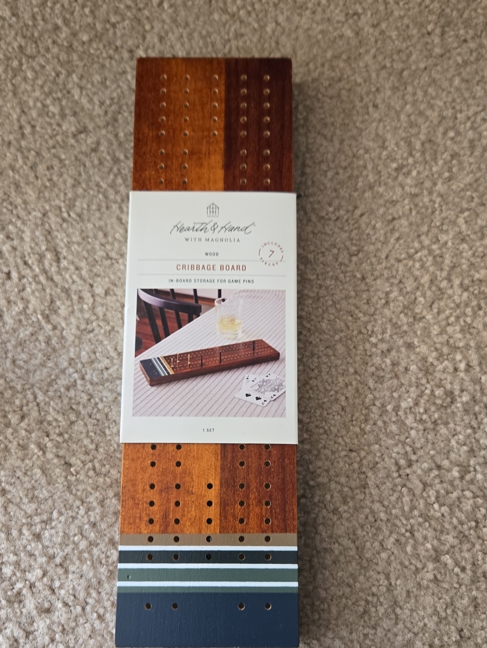 Hearth & Hand Wooden Cribbage Board with Navy and White Stripes